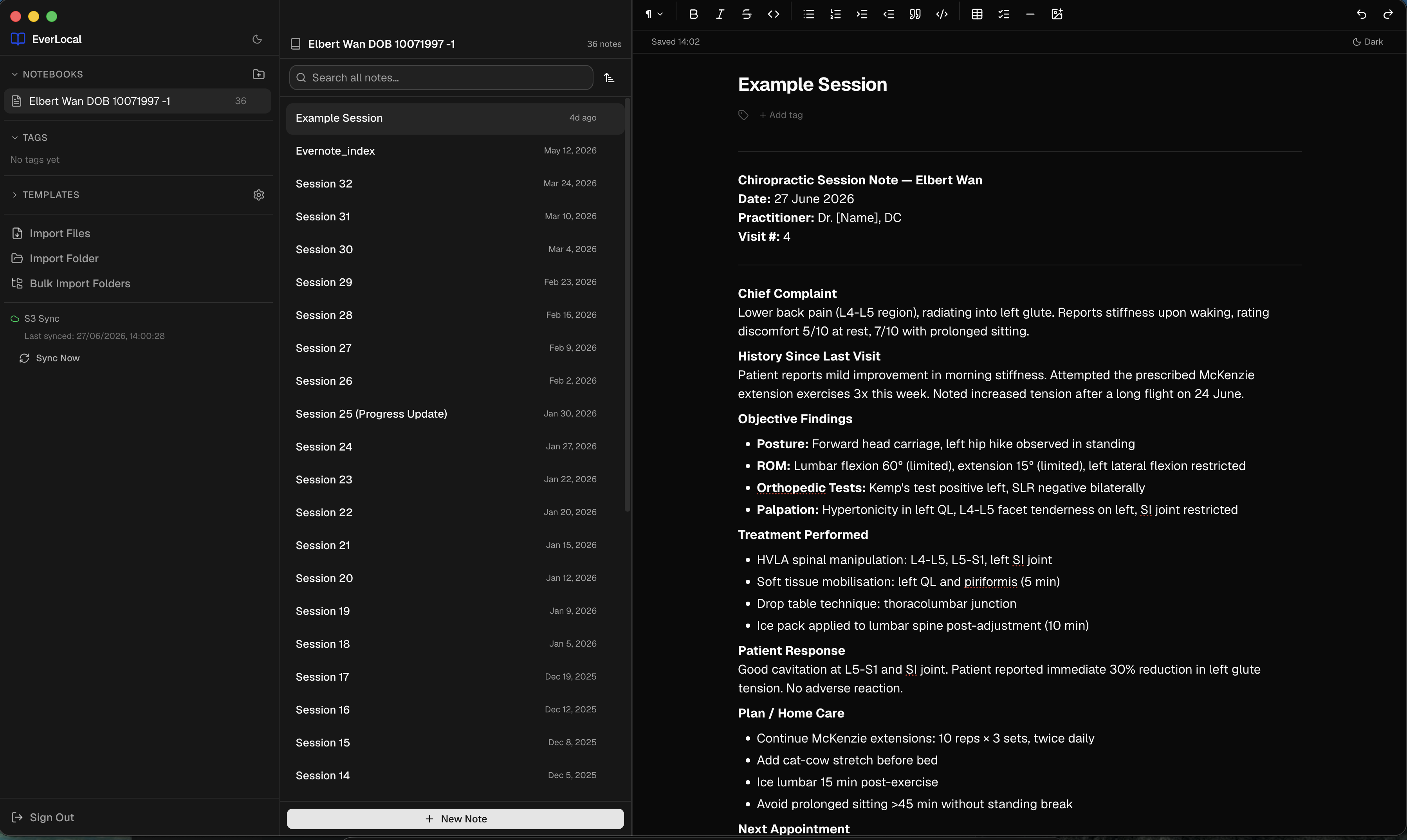Everlocal app — three-panel notes interface