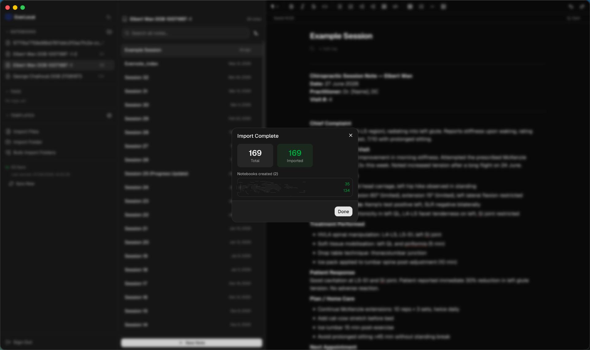 Everlocal — Evernote import complete dialog showing 169 notes successfully migrated