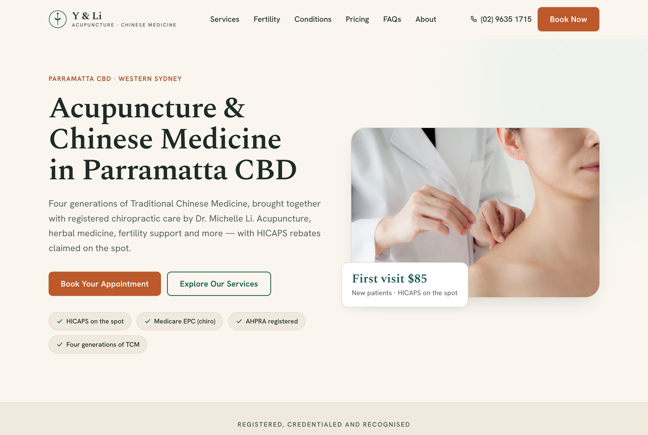 Homepage of the Y & Li acupuncture clinic — a static website with custom design, navigation, an online booking call-to-action and a 'first visit $85' pricing card.
